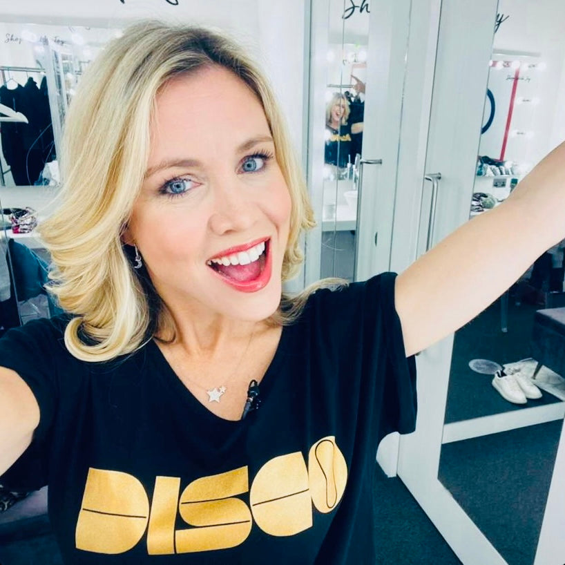 Womens black t-shirt with gold 'DISCO' print - Disko Kids