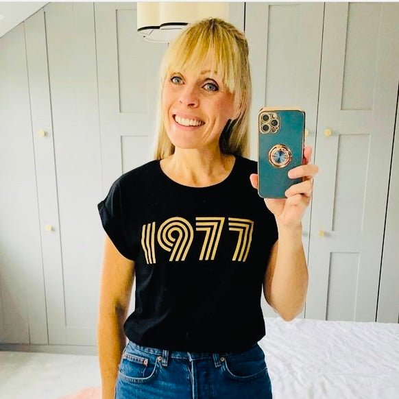 Womens 1977 black tshirt with gold print - Disko Kids